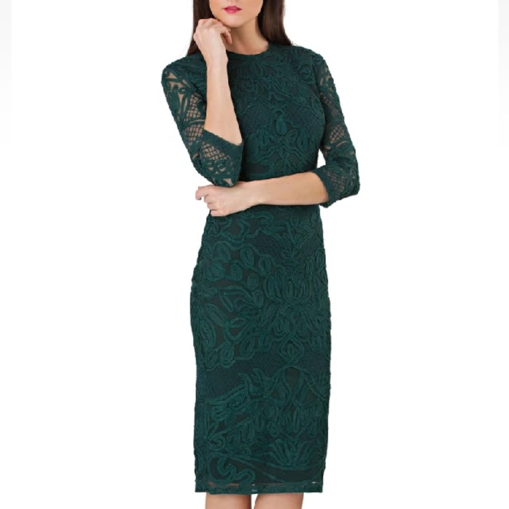 JS Collections Womens Lace Sheath Dress Green 3/4 Sleeve Knee‎ Length Size 4